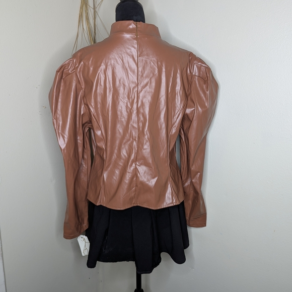 Brown Faux Leather Peplum Jacket - Picture 3 of 5
